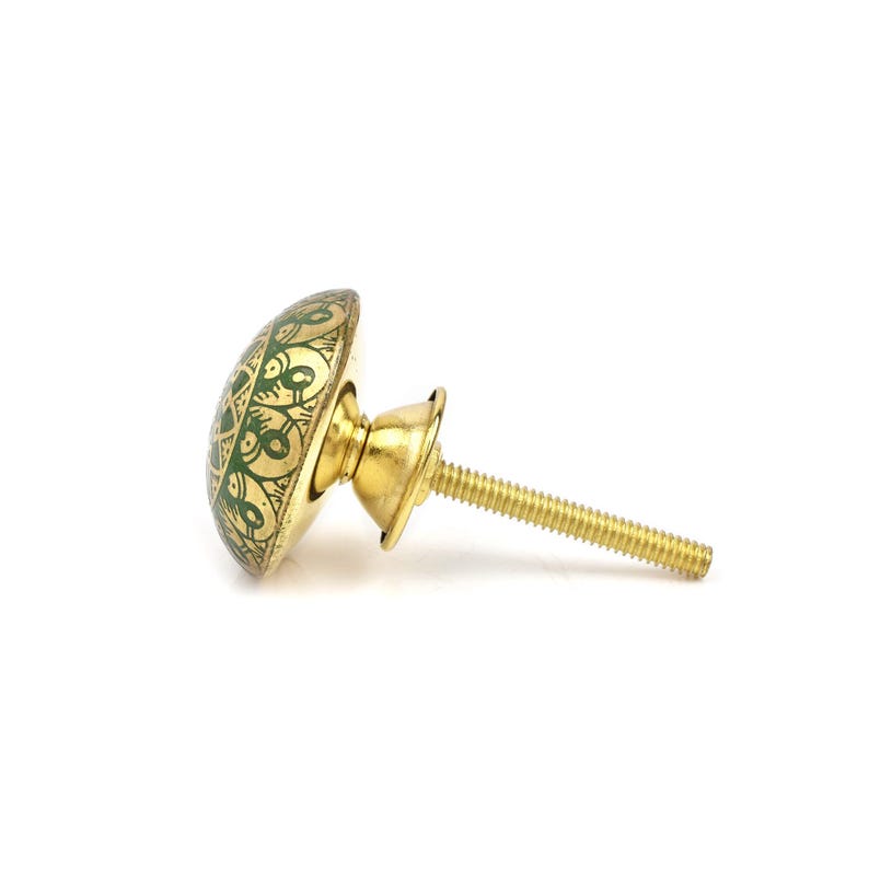 Brass cabinet knobs in vintage style with green and gold etched mandala pattern; decorative drawer pulls for furniture hardware.