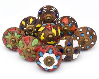 Pomelli per mobili in ceramica dipinti a mano, tiretti rotondi multicolori per cassetti (set da 1 pomello)