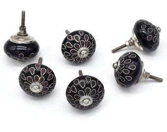 Zwart-witte keramische knop, ladeknop bloemsierkunst (set van 1 knop)