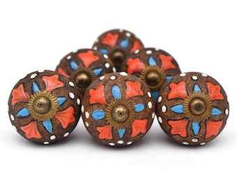 Hand-Painted Ceramic Cabinet Antique Look Knob: Brown, Round, Floral Design(Set of 1 Knob)