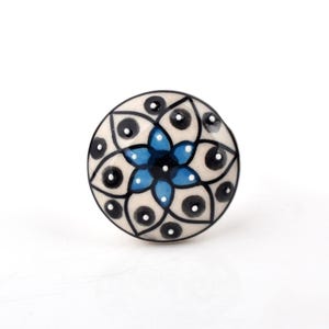 Handcrafted Blue and Black Floral Mandala Ceramic Knob - Unique Hand-Painted Decorative Cabinet Pull (Set of 1 Knob)