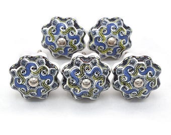 Ceramic Flower Design Knob Blue Floral Pumpkin Shaped Pull(Set of 1 Knob)