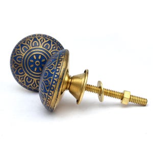 Blue and gold brass cabinet/drawer knob with Mughal floral motif, round brass hardware, mounting bolt.