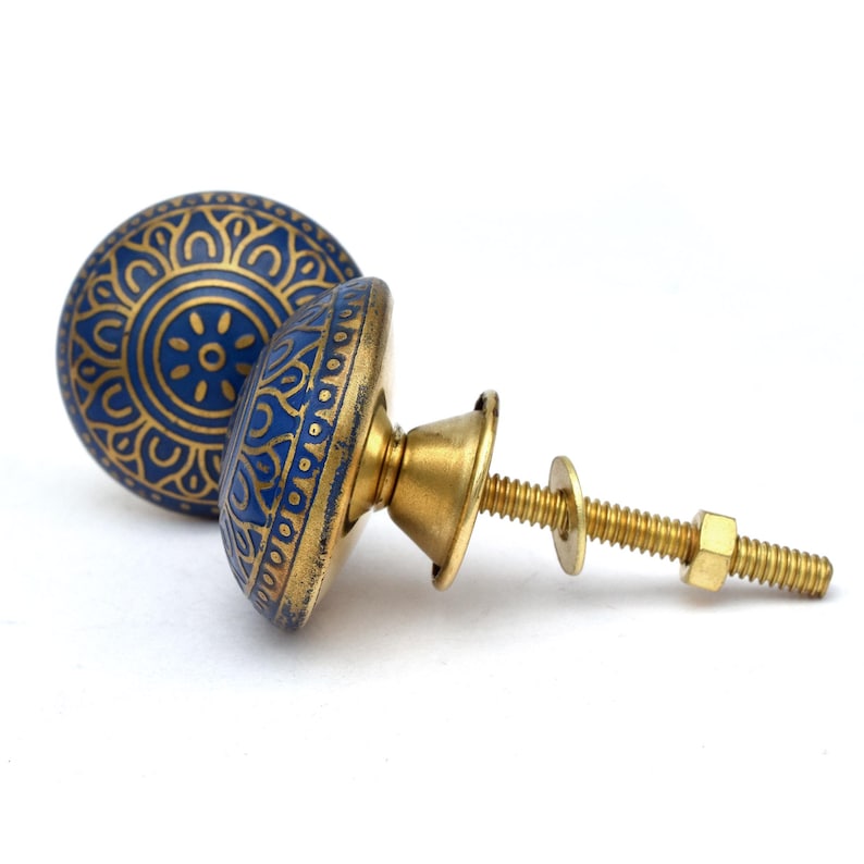 Blue and gold brass cabinet/drawer knob with Mughal floral motif, round brass hardware, mounting bolt.