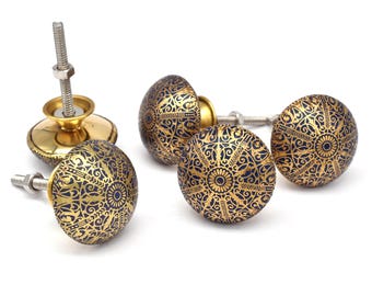 Massief messing kastknoppen | Verouderde dressoirknoppen met gouden en blauwe bloemen (set van 1 knop)