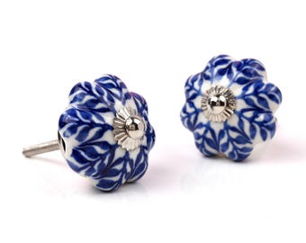 Blue floral ceramic drawer knob, Assorted green and white designs, 1.5 inch cabinet hardware