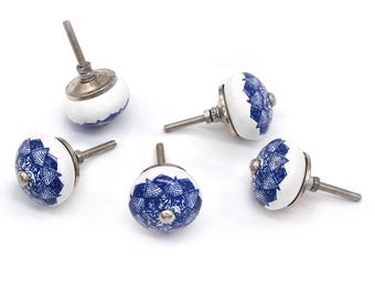 Hand-Painted Blue Floral Ceramic Knobs | Cabinet & Furniture Hardware(Set of 1 Knob)