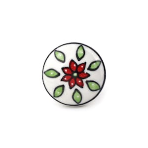 Handgemaakte keramische knop met rode bloem en groen blad - unieke handgeschilderde decoratieve bloesemkastknop (set van 1)