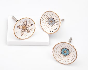 Handcrafted Gold Dotted Floral Ceramic Knob Set - Unique Hand-Painted White, Blue, and Gold Dresser Pull (Set of 1 Knob)