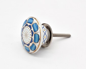 Maniglia per mobile in ceramica blu e oro con mandala, dipinta a mano, dal design unico (set da 1 pomello)