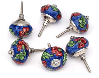 Pomello per mobile in ceramica con fiori rossi e foglie verdi su base blu (set da 1 pomello)