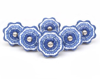 Pomello per mobile in ceramica floreale fatto a mano, stile zucca blu e bianco (set da 1 pomello)