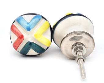 手作りセラミック製子供部屋用ノブ：カラフルなヴィンテージキャビネットプル（ノブ1個セット）