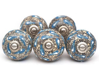 Pomello in ceramica blu grigio: pomello per cassetto in stile boho dipinto a mano (set da 1 pomello)