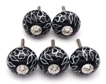 Pomelli in ceramica fatti a mano in bianco e nero, ferramenta per mobili con motivi floreali (set da 1 pomello)