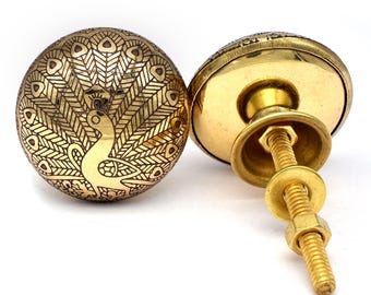 Peacock Cabinet Knob: Brass Round Etched Metal Drawer Pull(Set of 1 Knob)