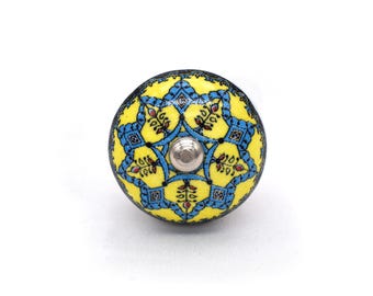 Ceramic Knob Yellow Flower Handprinted, Round Kitchen Cabinet Handle(Set of 1 Knob)