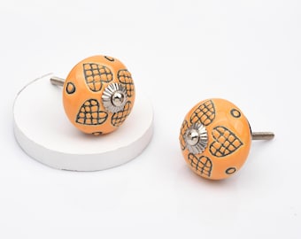Orange Heart Ceramic Hand-Painted Lattice Grid Pattern Cabinet Pulls (Set of 1 Knob)