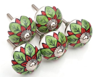 Pomo de cerámica para gabinete, diseño floral verde y rojo, pintado a mano, 1,5 pulgadas (juego de 1)