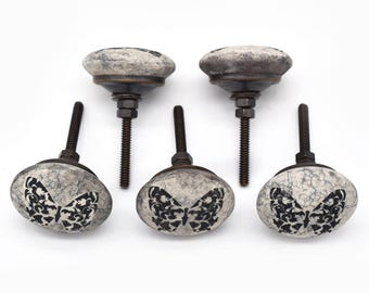 Hand-Painted Ceramic Cabinet Knob: Green & White Floral Medallion(Set of 1 Knob)