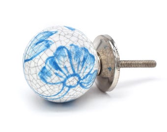 Blue White Flower Ceramic Knob, Handmade Antique Cabinet Hardware(Set of 1 Knob)