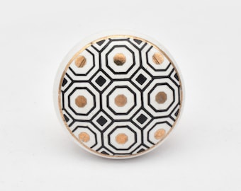 Geometryczna, czarno-biało-złota ceramiczna gałka – nowoczesny, ośmiokątny uchwyt dekoracyjny do szuflad komody (zestaw 1 szt.)
