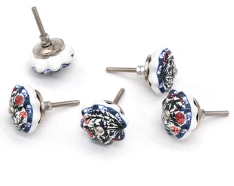 Ceramic Knob White Floral Dot Pattern Hand Painted Drawer Unique Closet Handle(Set of 1 Knob)