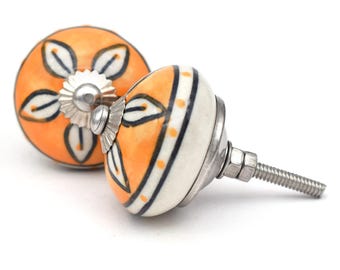 Handbedrukte keramische knoppen, oranje bloemen ladetrekkers (set van 1 knop)