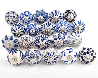 Glanzend keramische knop blauw wit: handgeschilderd ladekunstdecor (set van 1 knop)