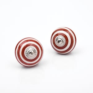 Maroon Red and White Bullseye Ceramic Hand-Painted Concentric Circle Cabinet Pull (Set of 1 Knob)
