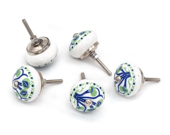 Ceramic Knob White Blue Green: Handpainted Plant Design Drawer Pull(Set of 1 Knob)
