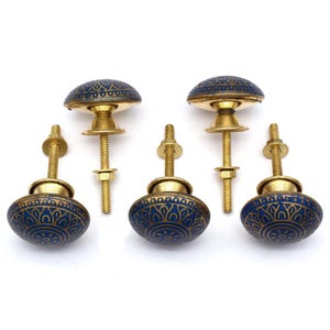 Blue and gold brass cabinet/drawer knob with Mughal floral motif, round brass hardware, mounting bolt.
