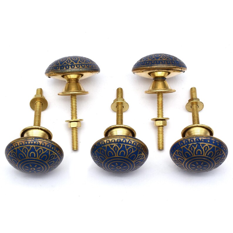 Blue and gold brass cabinet/drawer knob with Mughal floral motif, round brass hardware, mounting bolt.