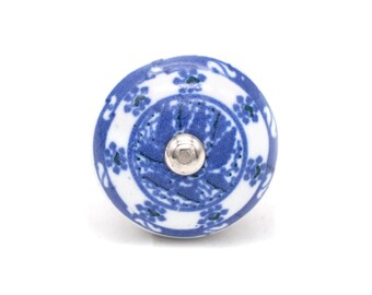 Pomello in ceramica blu bianco rotondo: pomello artigianale per mobili (set da 1 pomello)