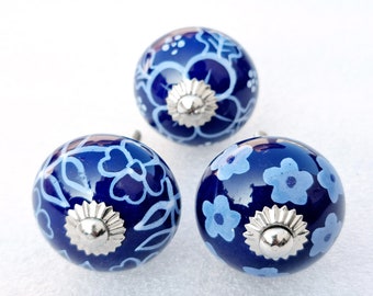 Hand Painted Ceramic Knobs, Blue Floral Dresser Drawer Pulls(Set of 1 Knob)