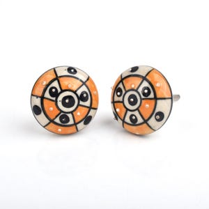 Hand-Painted Orange and Cream Geometric Ceramic Knob - Black Polka Dot & Wheel Pattern Drawer Pull (Set of 1)