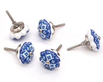 Perillas de cerámica azul y blanca con forma de calabaza / Herrajes para muebles pintados a mano (juego de 1 perilla)