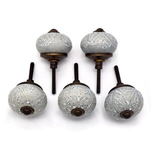 Gray ceramic knobs with hand-painted white mandala floral pattern, bronze back, threaded metal screw, home decor hardware