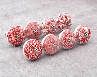 Handmade Mandla on Red and White Classic Combination Designed Ceramic Cabinet Knobs, Round And Pumpkin Shape Mix Knobs\ Pulls(Set of 1 Knob)