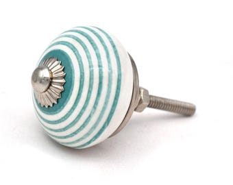 Keramische knop met witte blauwe strepen: handgeschilderde gestreepte kastknop (set van 1 knop)