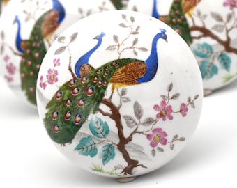 Gałka meblowa z ceramiki w kształcie pawia, malowana ręcznie, w kolorze turkusowym (zestaw 1 gałki)