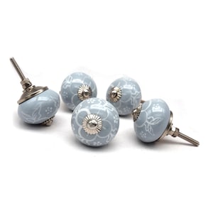 Könnte beinhalten: Vier hellblaue Keramik-Schrankknöpfe mit weißem Blumenmuster und silbernen Akzenten.