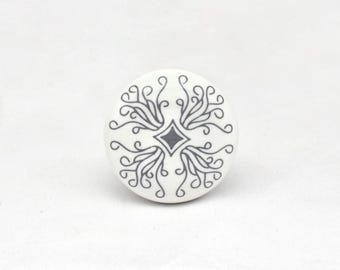 Ceramic White Mandala Cabinet Knob: Hand Painted Multicolor Cabinet Pull(Set of 1 Knob)