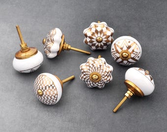 Handgeschilderde keramische kastknop, wit en goud, rond, 4 cm (set van 1 knop)