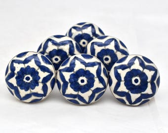 Pomo de cerámica con diseño de flor azul para muebles, estilo shabby chic (juego de 1 pomo)
