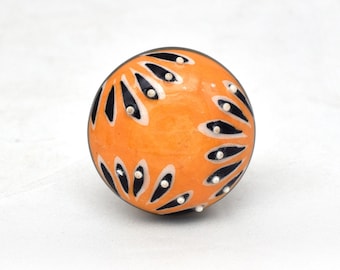 Handmade Orange Ceramic Knob, Floral Painted Cabinet Pull(Set of 1 Knob)