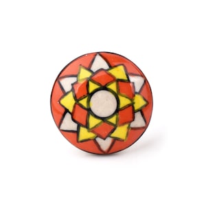 Handcrafted Vibrant Orange and Yellow Mosaic Ceramic Knob - Colorful Geometric Starburst Decorative Cabinet Pull (Set of 1 Knob)