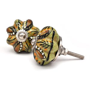 Könnte beinhalten: Zwei grüne Keramik-Knöpfe mit einem floralen Design in Orange und Schwarz. Die Knöpfe haben eine silberne Metallschraube.