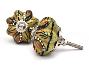 Handpainted Ceramic Pumpkin Knob, Green & Yellow Decor(Set of 1 Knob)