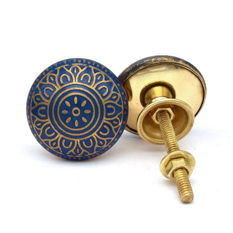 Blue and gold brass cabinet/drawer knob with Mughal floral motif, round brass hardware, mounting bolt.